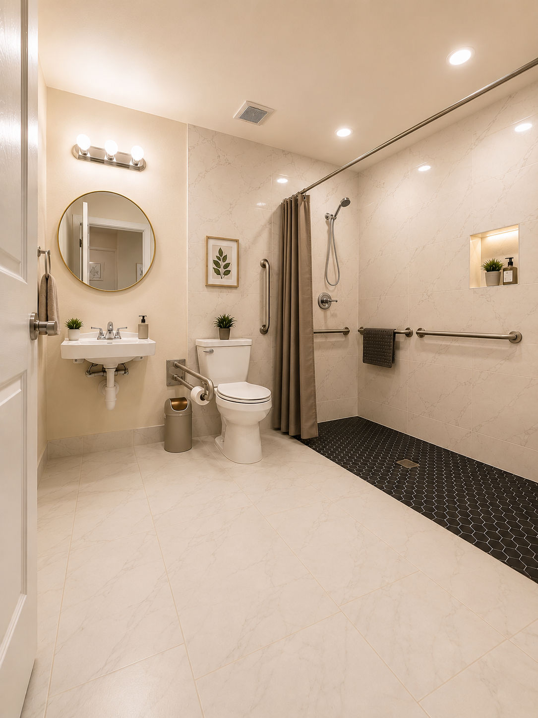 Private bathroom with handle bars