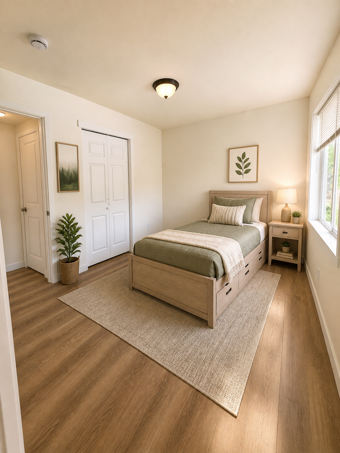 Private bedroom with single bed and side drawer with lamp