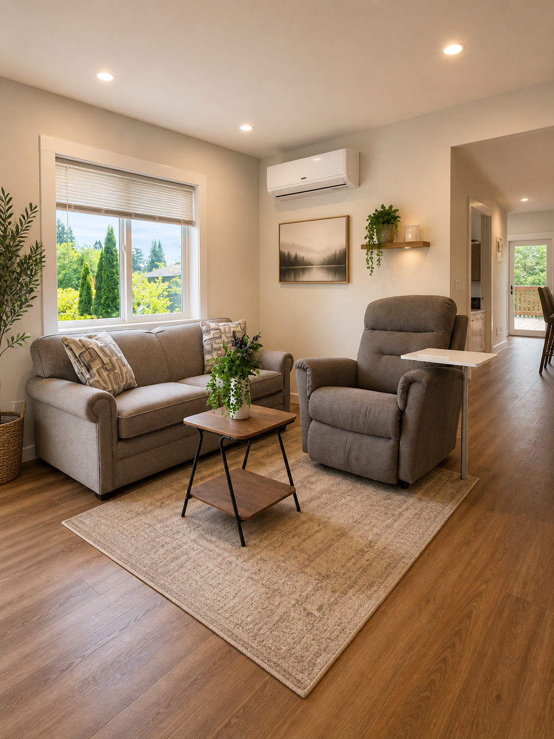 The home's bright living room with comfortable seating and natural light