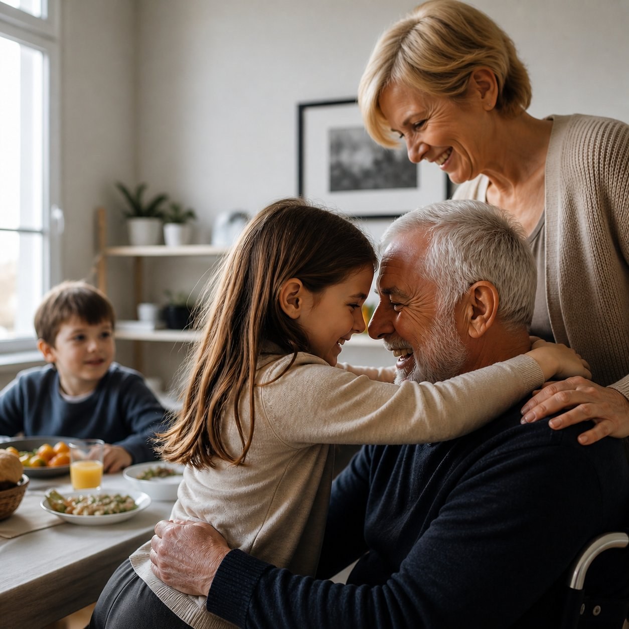 A child and elder share a tender moment at the dinner table while a caregiver smiles in the background